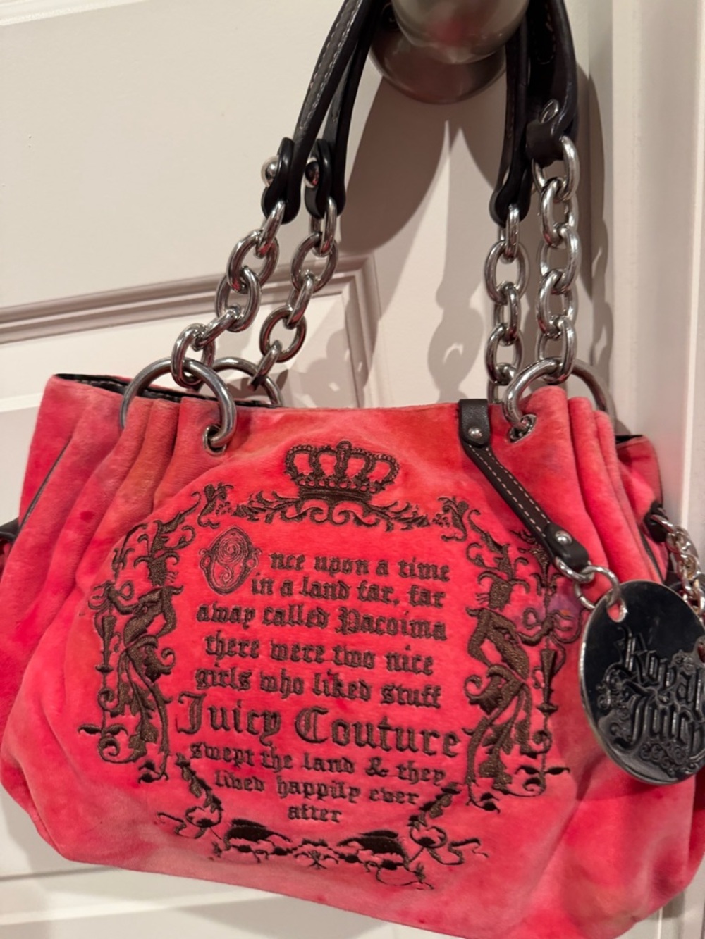 Juicy Couture Pink Velvet Embroidered Chain-Handle Shoulder Bag